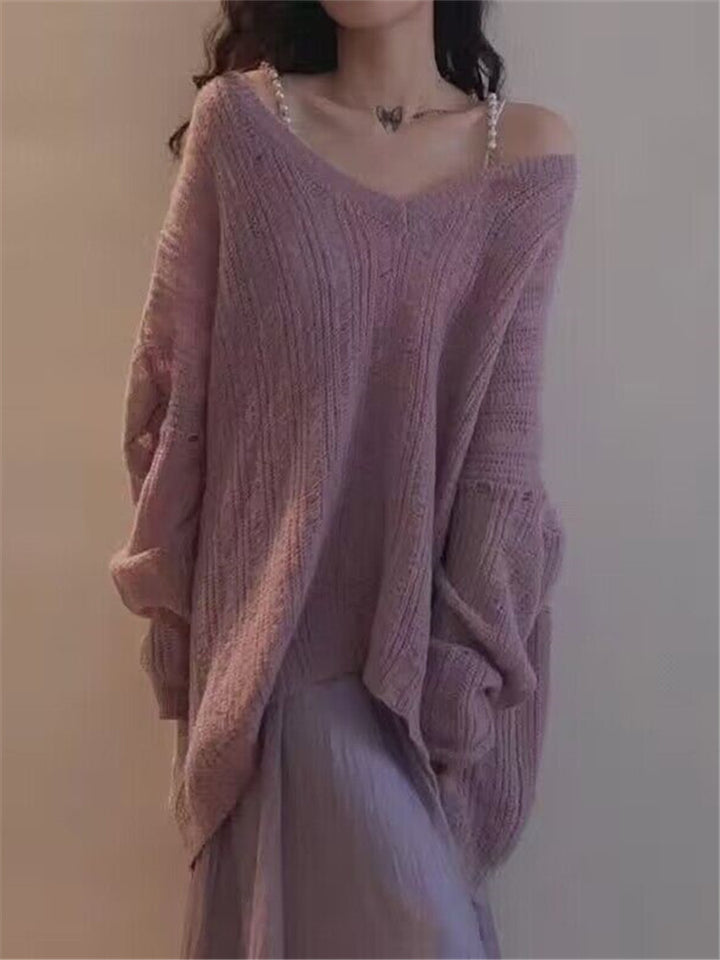 Femme Tekstureret V-Udskæring Oversized Strikpullover Stilla