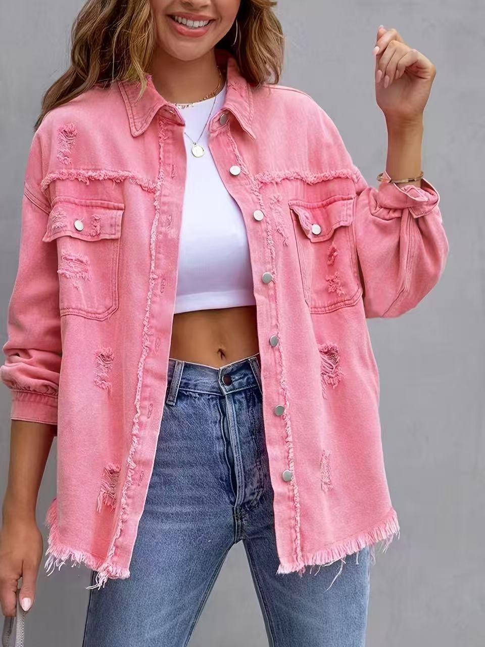 Dame Oversized Denim-Skjortejakke med frynse-detaljer Stilla