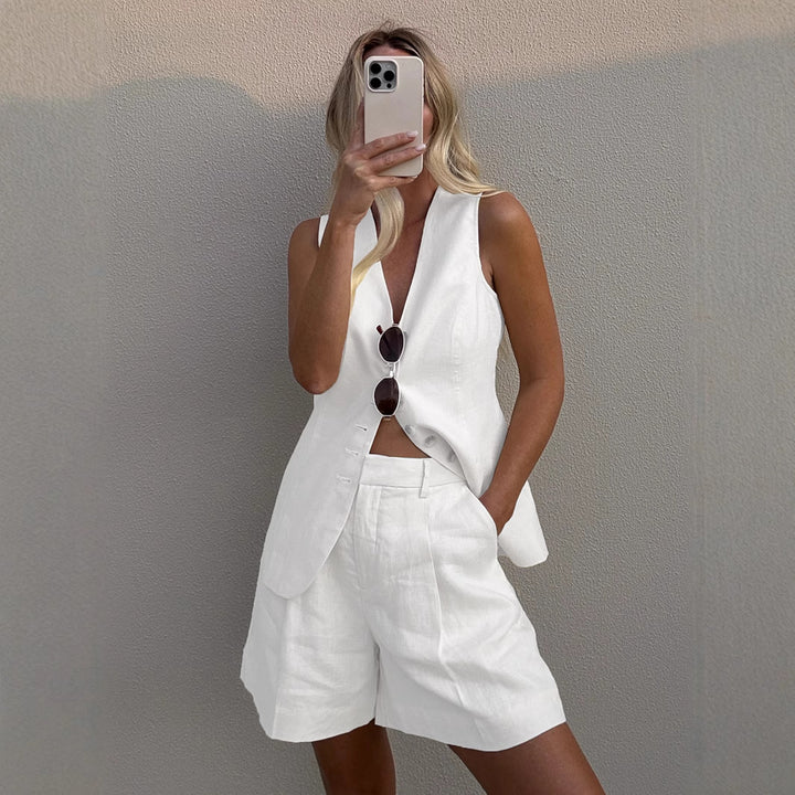 Femme Figursyet Linned blazer og shorts-sæt Stilla
