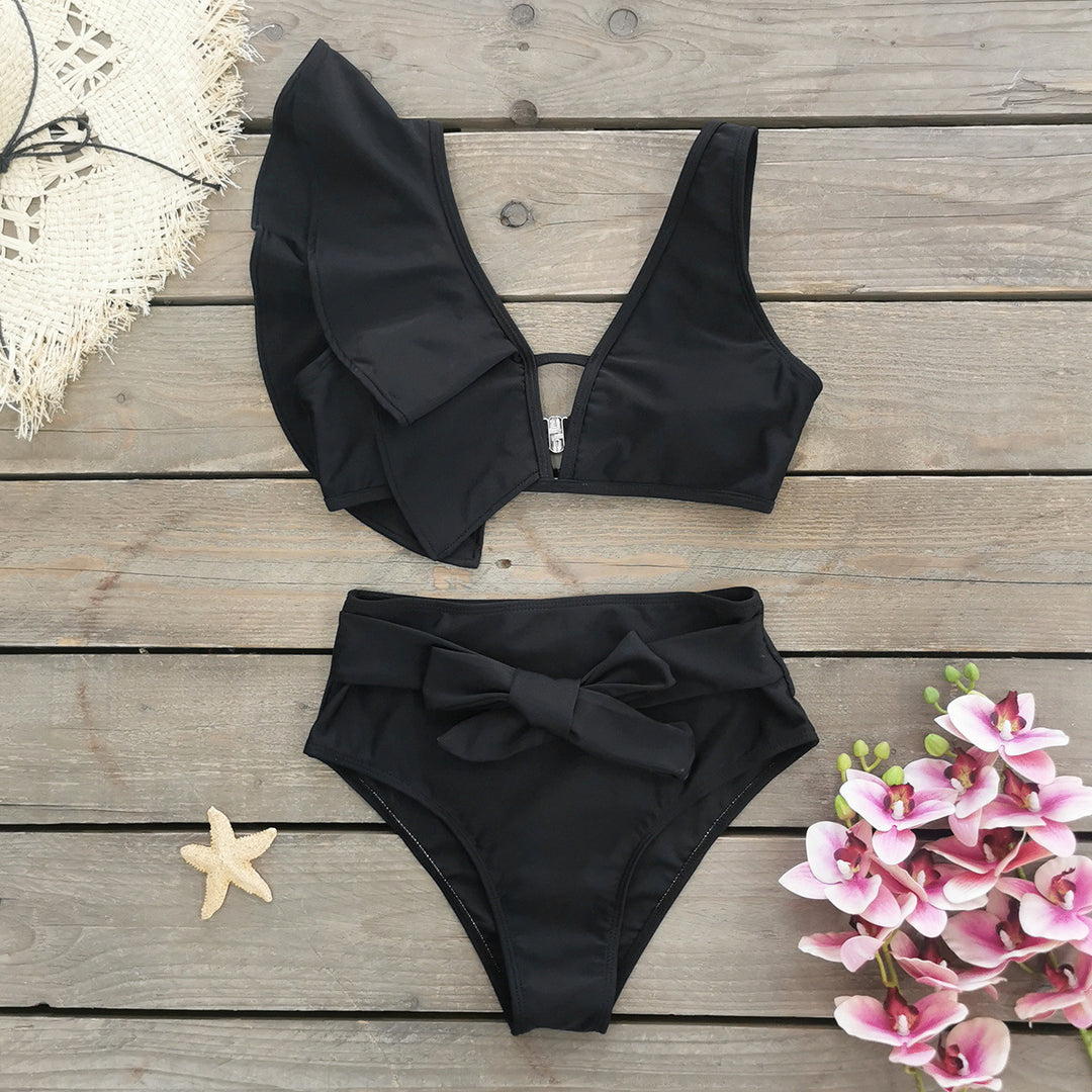 Dame bikini-sæt med voluminøse flæserærmer og høj talje Stilla