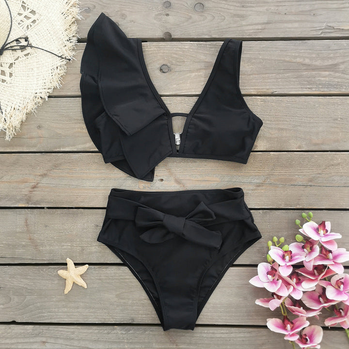 Dame bikini-sæt med voluminøse flæserærmer og høj talje Stilla