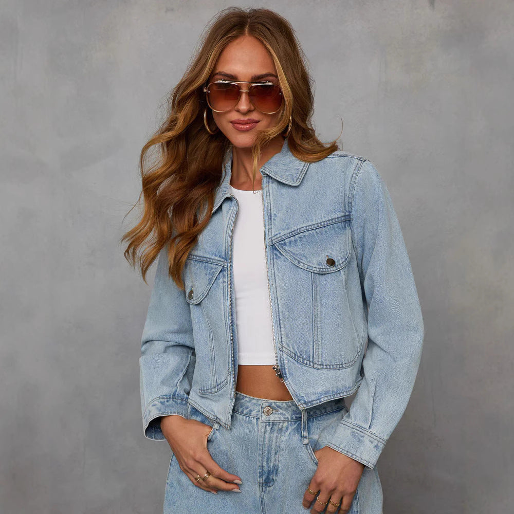 Dame cropped jeansjakke med lynlås og klassiske lommer Stilla
