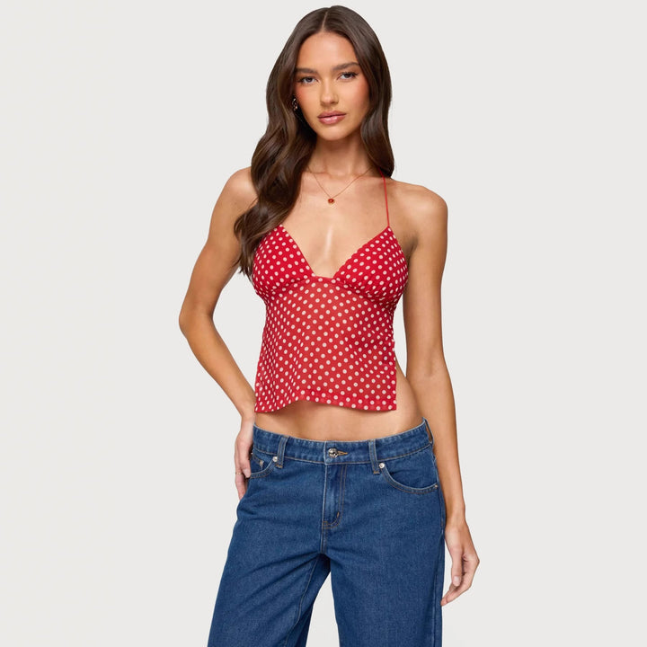 Dame polka dot top med sarte stropper og figursyet snit Skovae