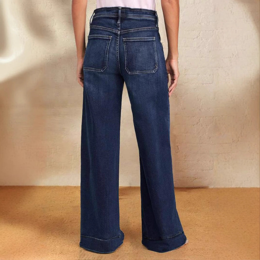 Dame brede jeans med mode snor og elastisk bånd