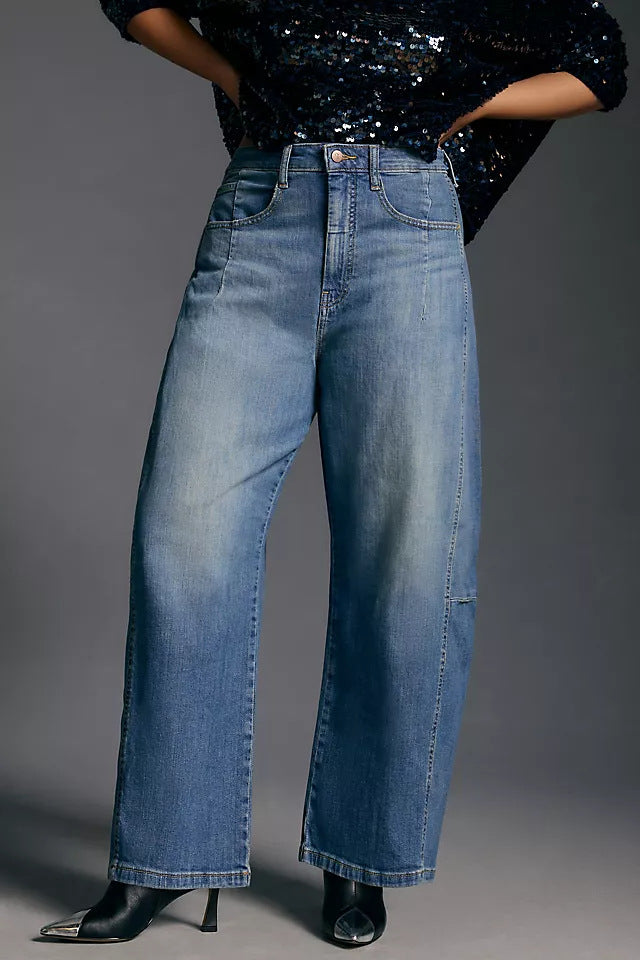 Dame løse denim-bukser i moderne snit med høj talje Skovae
