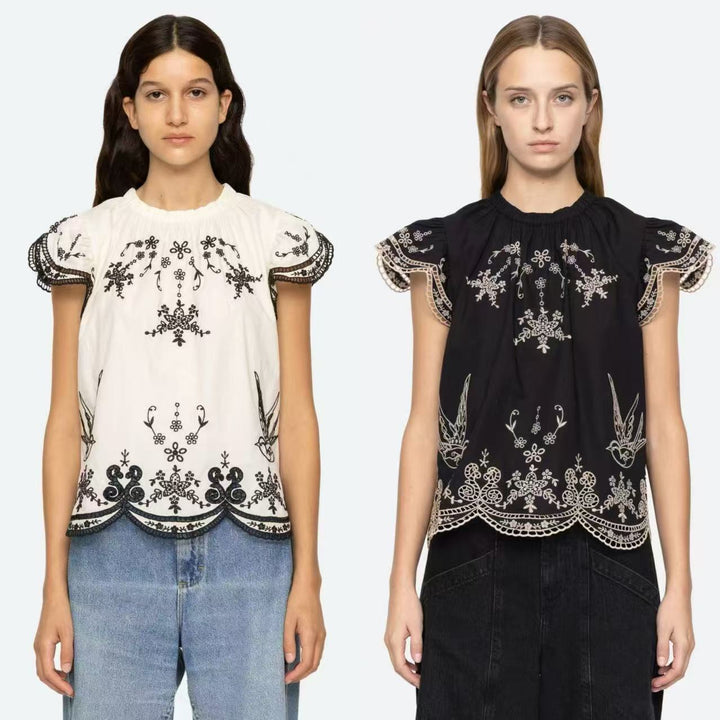 Dame elegant bluse med kunstneriske broderier og flæseærmer Stilla