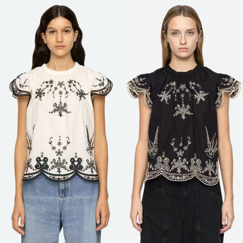 Dame elegant bluse med kunstneriske broderier og flæseærmer Stilla
