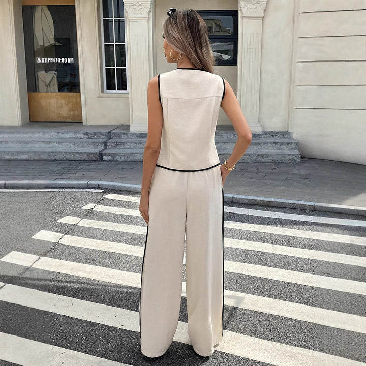 Dame Elegant Linned Kombination med tætsiddende Bluse og vide Bukser Stilla