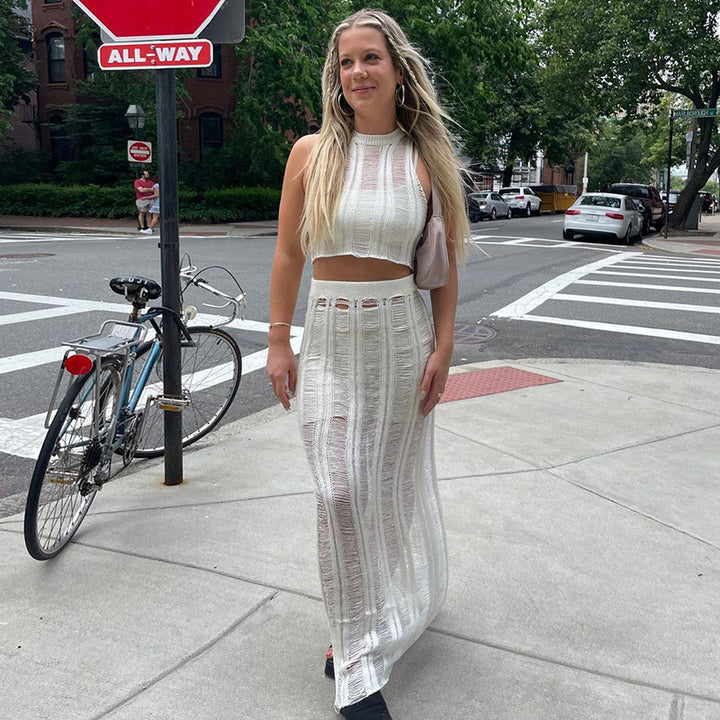 Dame hæklede Crop-Top og Maxi-Nederdel-Sæt Skovae