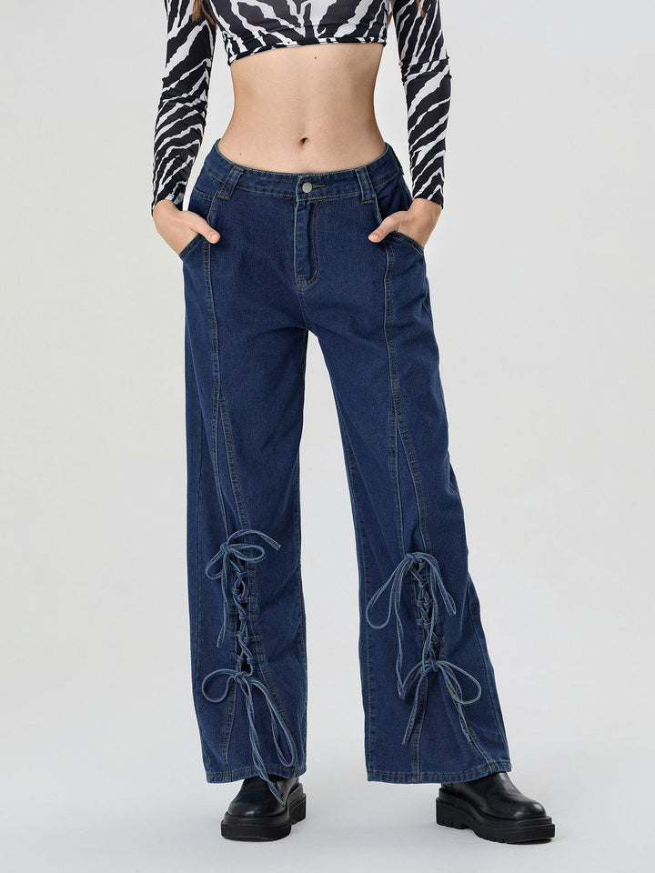 Dame brede jeans med snøredetaljer og afslappet snit Stilla
