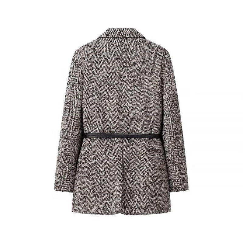 Dame Textureret Houndstooth Blazer med Bælte Talje Stilla