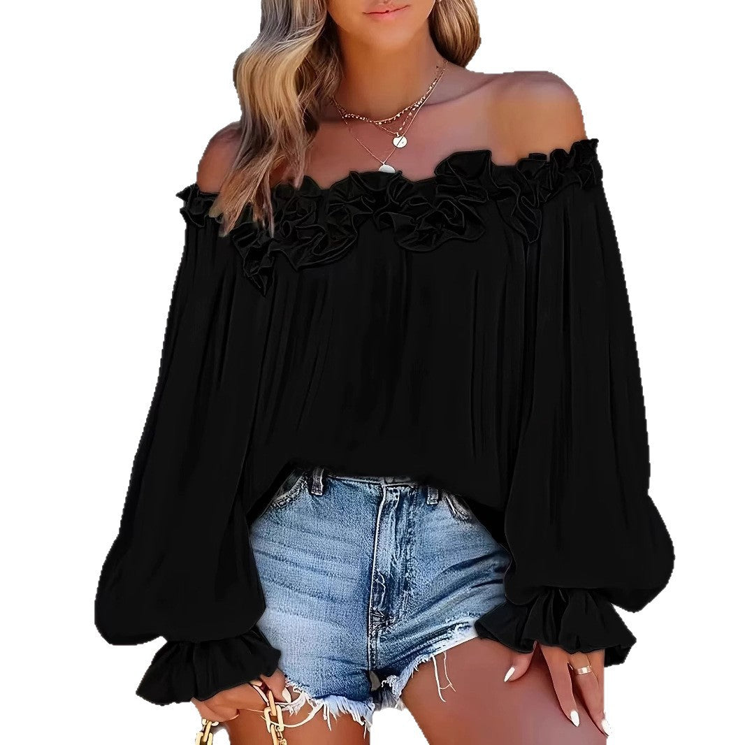 Dame Off-Shoulder Bluse med flæsedetaljer og vide ærmer Stilla