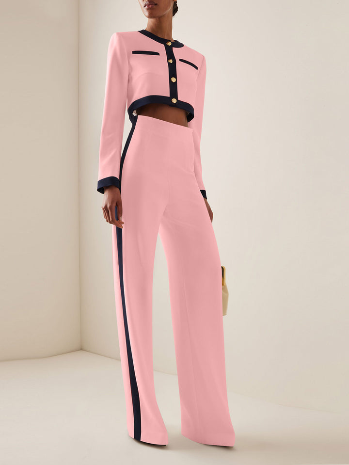 Dame elegant cropped blazer sæt med vidde bukser og gyldne knapper Stilla