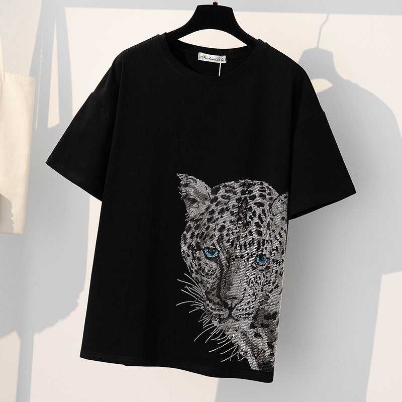 Dame T-shirt med unikt panterdesign og funklende rhinsten Stilla