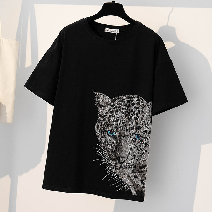 Dame T-shirt med unikt panterdesign og funklende rhinsten Stilla