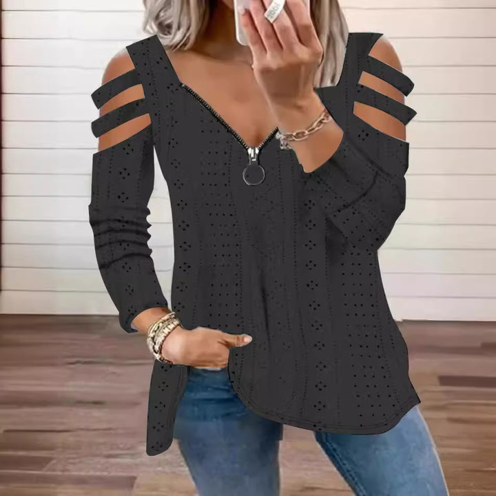 Dame V-hals bluse med cut-out ærmer og lynlås Stilla