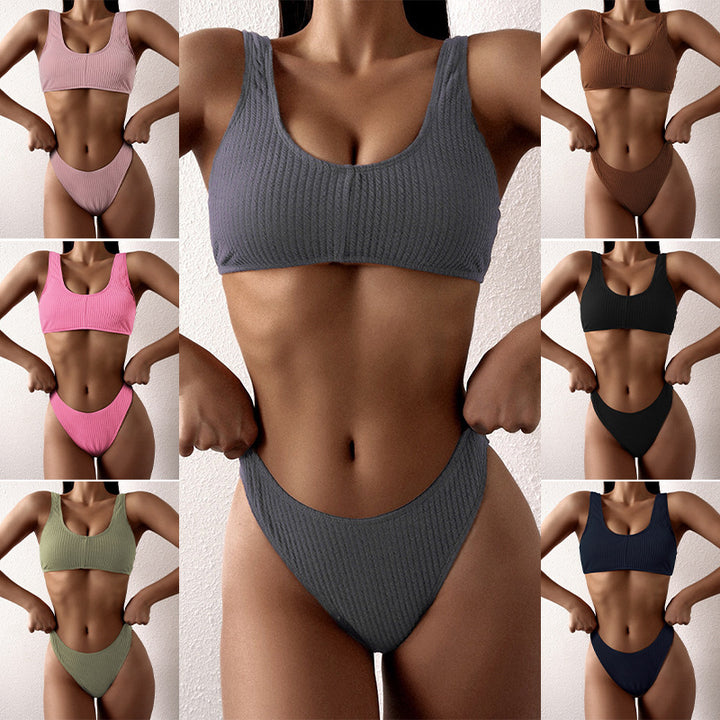 Dame højtaljede bikini-sæt med cropped top og ribbet tekstur Skovae