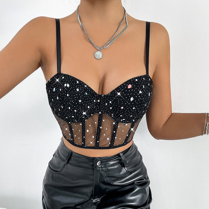 Dame Bustier-top med transparent mesh-indlæg og glimmersten Stilla