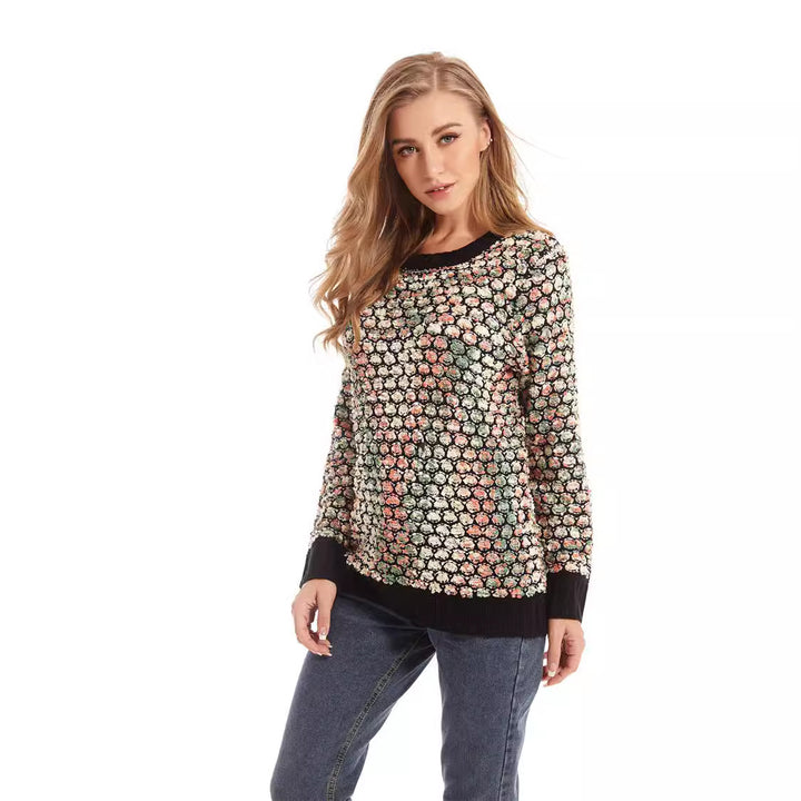 Dame strikpullover med florale 3D-mønster Stilla