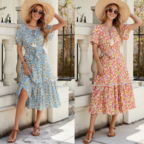 Dame Midi-kjole med florale mønstre og taljerbar bindebælte Stilla