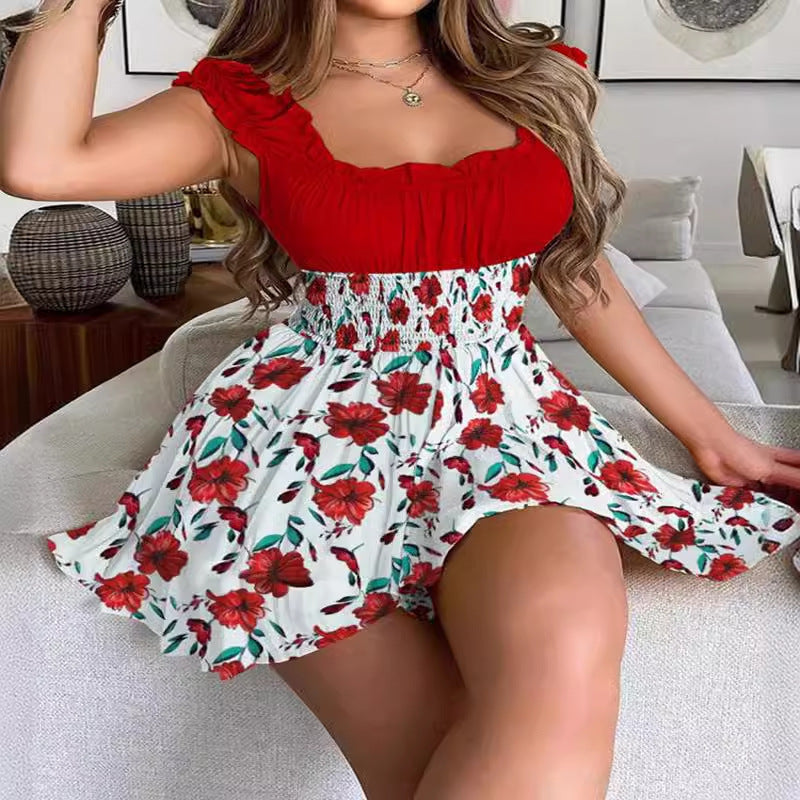 Dame Floral Print Mini Kjole med Rynkede Ærmer Stilla