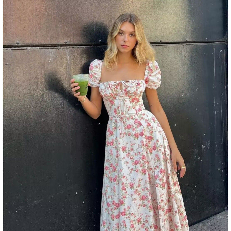 Femme Floral Print Bohemian Maxi Kjole med Sideslids Stilla