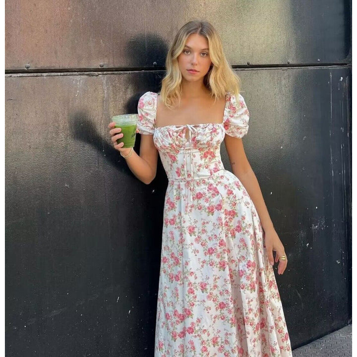 Femme Floral Print Bohemian Maxi Kjole med Sideslids Stilla