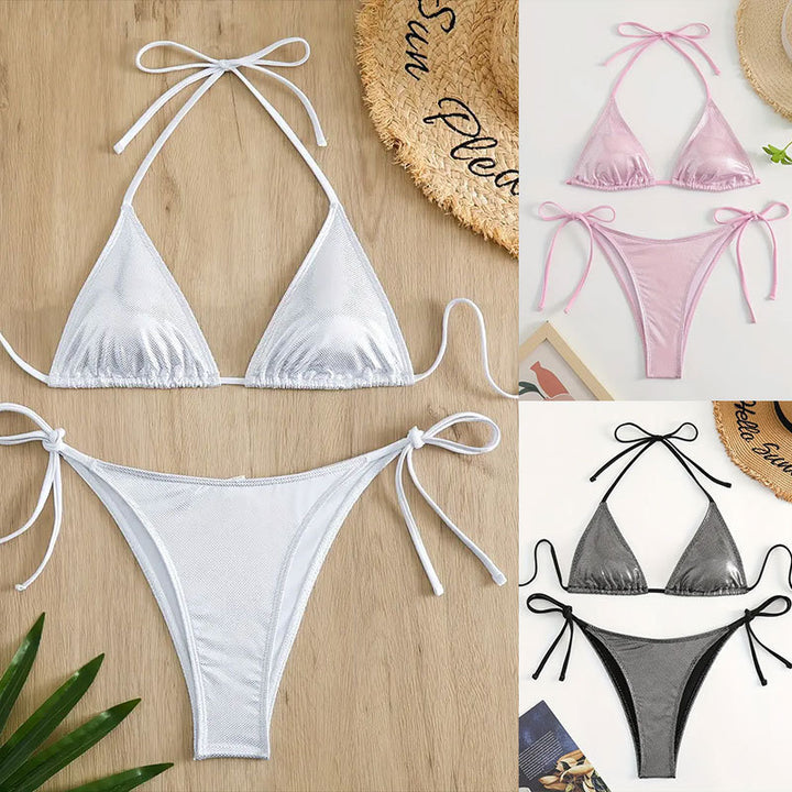 Dame Triangel-Bikini med glitrende mesh-design og justerbare snore. Skovae