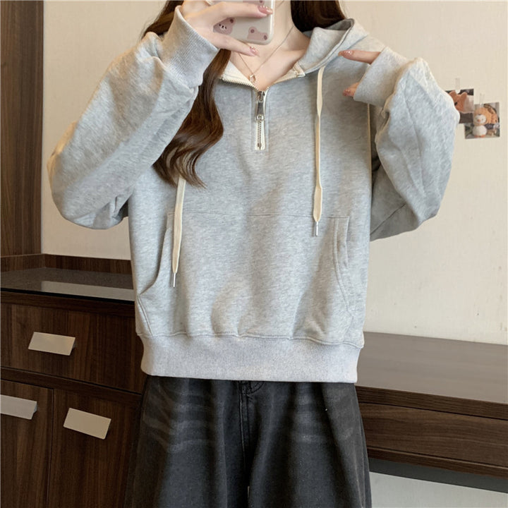 Femme Relaxed Fit Halv-lynlås Pullover Hoodie Stilla
