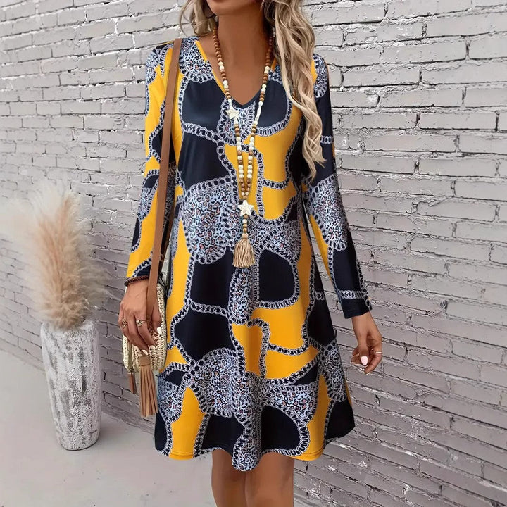 Stilla | Trendy Print Langærmet Løs V-Hals Kjole