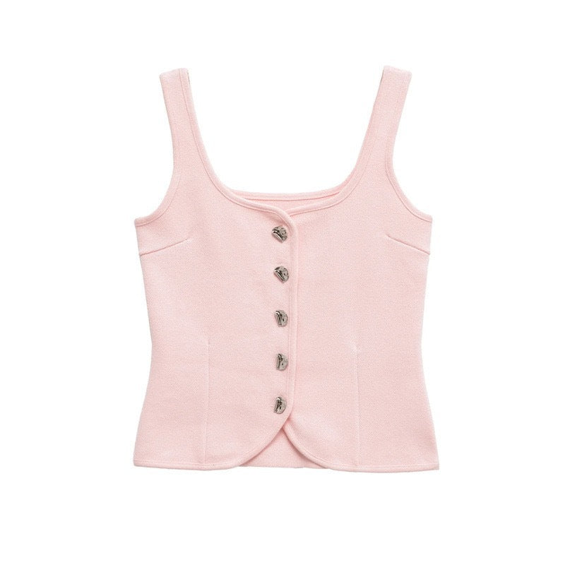 Femme Taljeret Kvadrat-Udskæring Knap-Op Crop Top Stilla