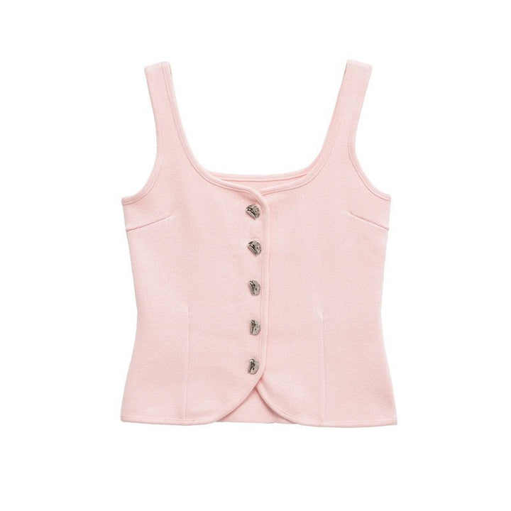 Femme Taljeret Kvadrat-Udskæring Knap-Op Crop Top Stilla