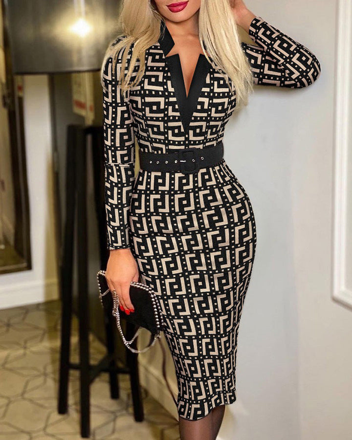 Stilla | Rude-print V-udskæring Bodycon Langærmetkjole