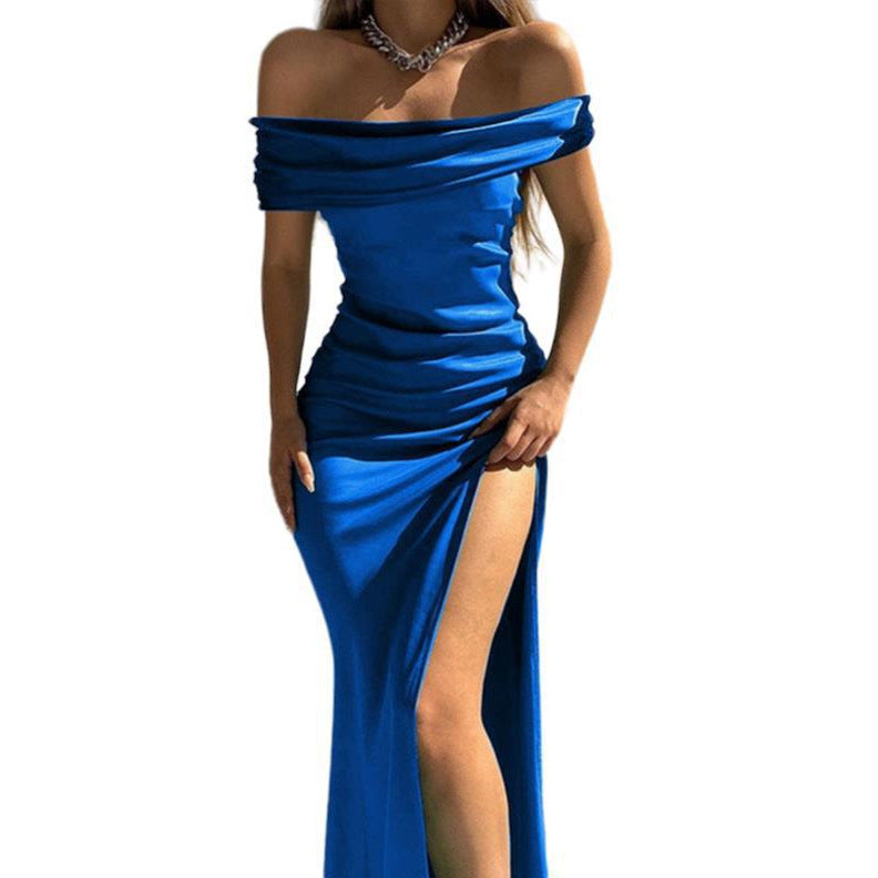 Dame Off-Shoulder Maxikjole med raffineret benåbning og flydende stof Stiila