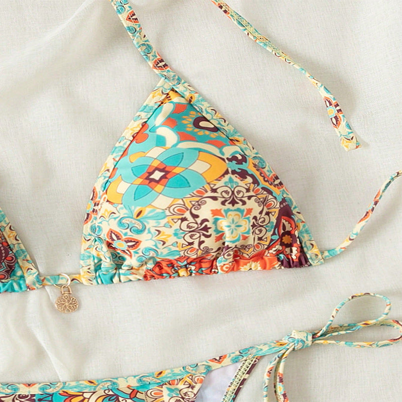 Dame Triangel-Bikini med farverigt vintage-mønster Skovae