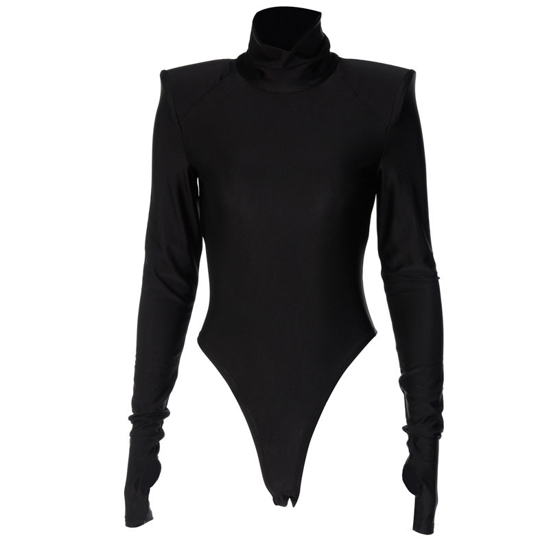 Dame Langærmet bodysuit med høj krave og elegante ruchinger Skovae
