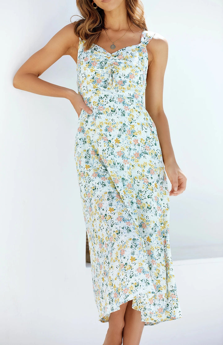 Dame Floral Sommer Midi Kjole med justerbare Spaghetti-stropper Stilla