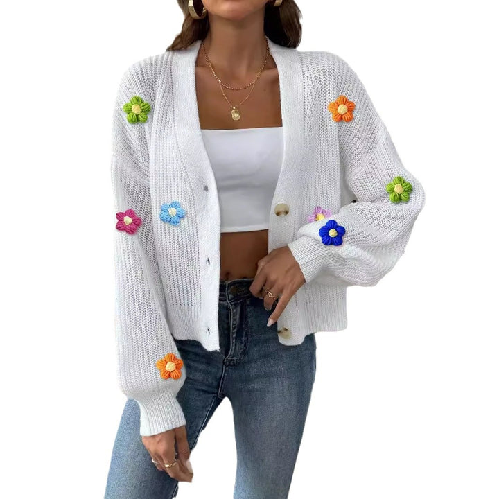 Damer moderigtig strik-Cardigan med innovativt blomstermotiv og ballonærmer Stilla