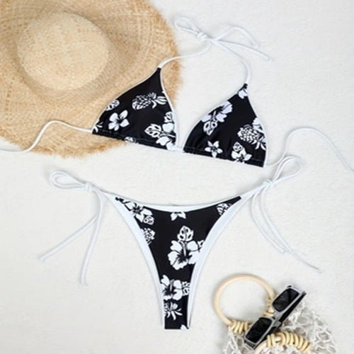 Dame Triangel-Bikini med blomsterdesign og justerbare bindebånd Skovae
