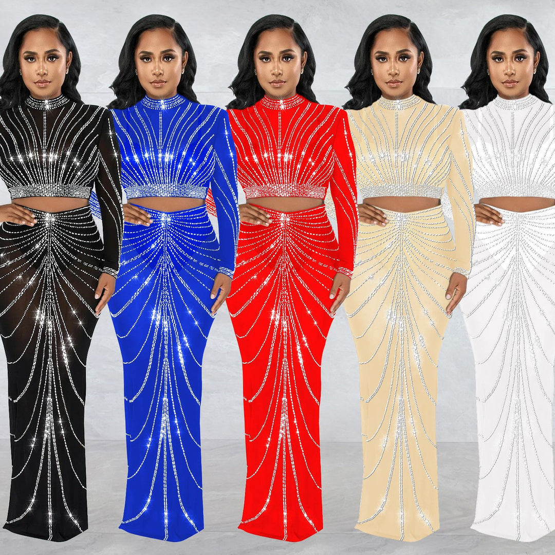 Dame Elegant Crop-Top og Maxi-Nederdel Sæt med glitrende Strass-dekorationer Stilla