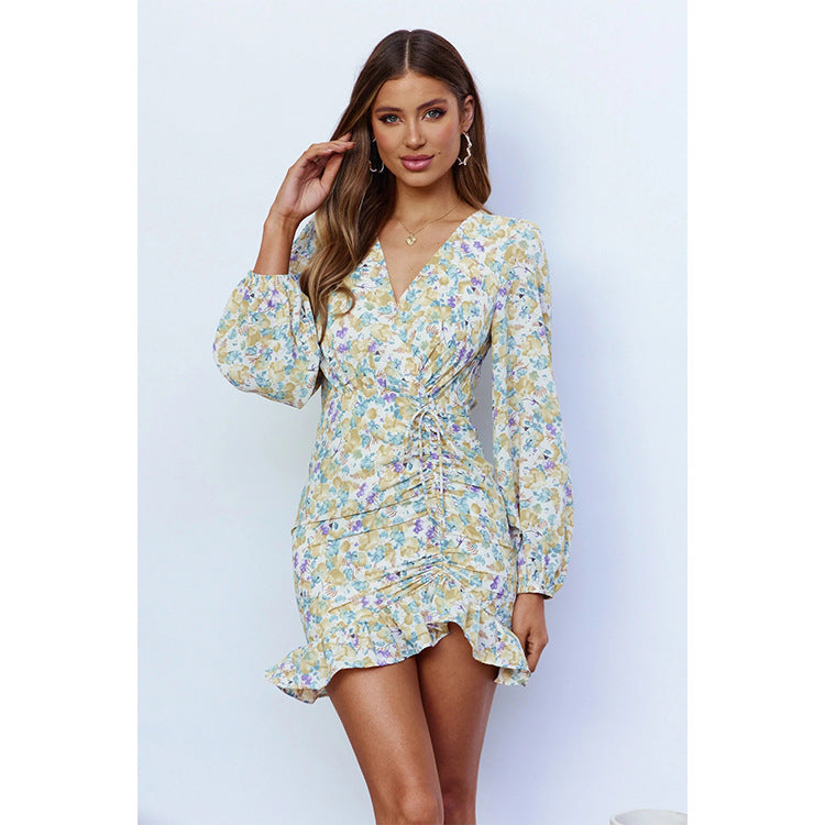 Dame Fald Ruffles Floral Mini Wrap Kjole med justerbare Sidesnore Stilla