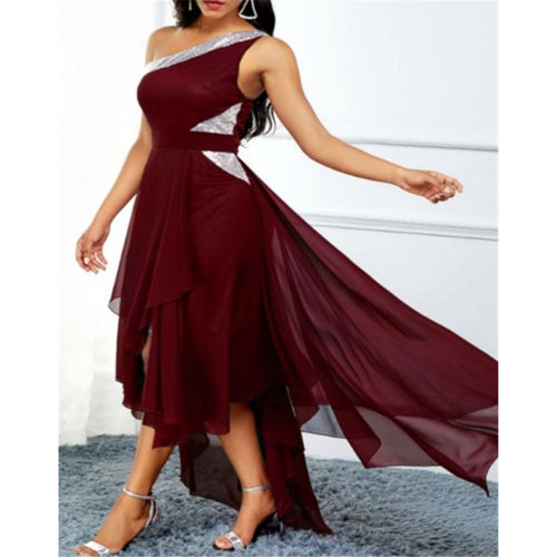 Dame elegant asymmetrisk chiffonkjole med glitrende detalje Stilla