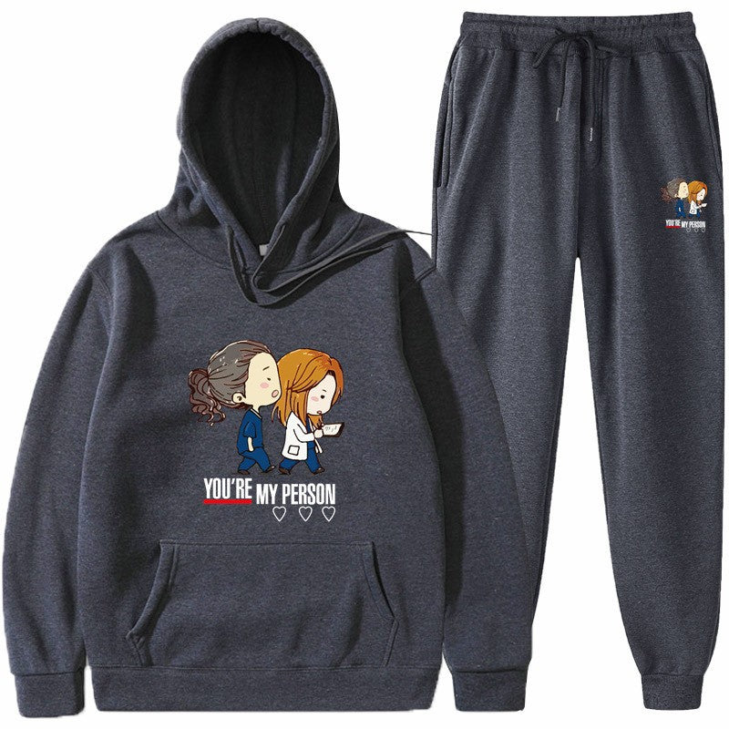 Dame Hoodie og Joggingbukser Sæt med Originalt Tegneserie Design Skovae