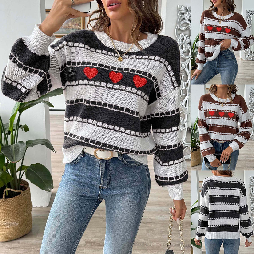 Dame afslappet pullover med hjerte mønster og brede ærmer Stilla