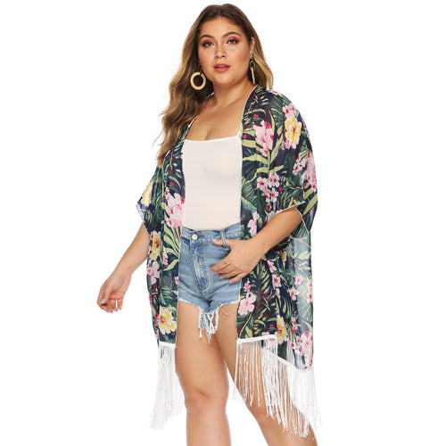 Dame luftig kimono med blomsterdesign og frynset kanter Stilla