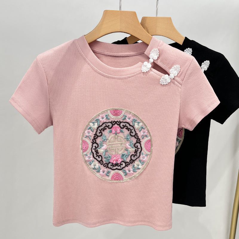 Damer kortærmet T-shirt med kunstnerisk broderi og moderigtigt krave Stilla
