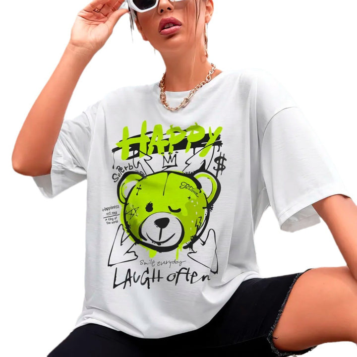 Dame T-shirt med afslappet b Bear-motiv og inspirerende udtalelse Stilla
