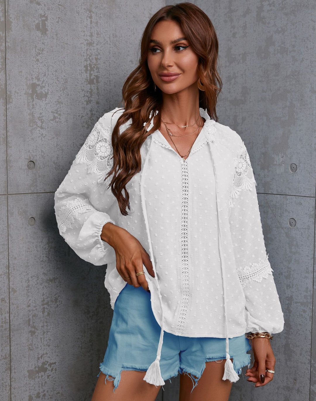 Dame Let Bluse T-shirt med Spidsudsmykninger og Snøre Stilla