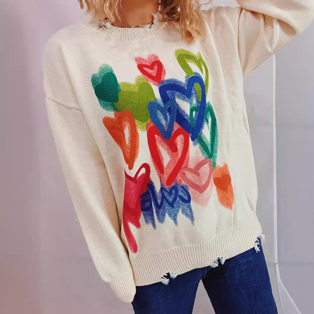 Kvinders cozy sweater med farverigt hjerte design Stilla