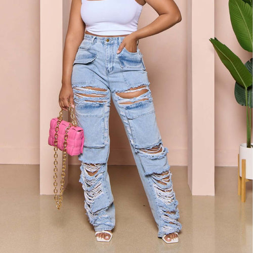 Dame Cargo-jeans med frynset detaljer og modige revner Stilla